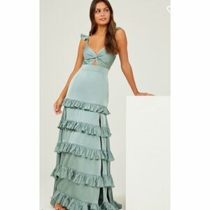 NWT Altar'd State Alana Marie Dark Sage Green Ruffled Maxi Dress